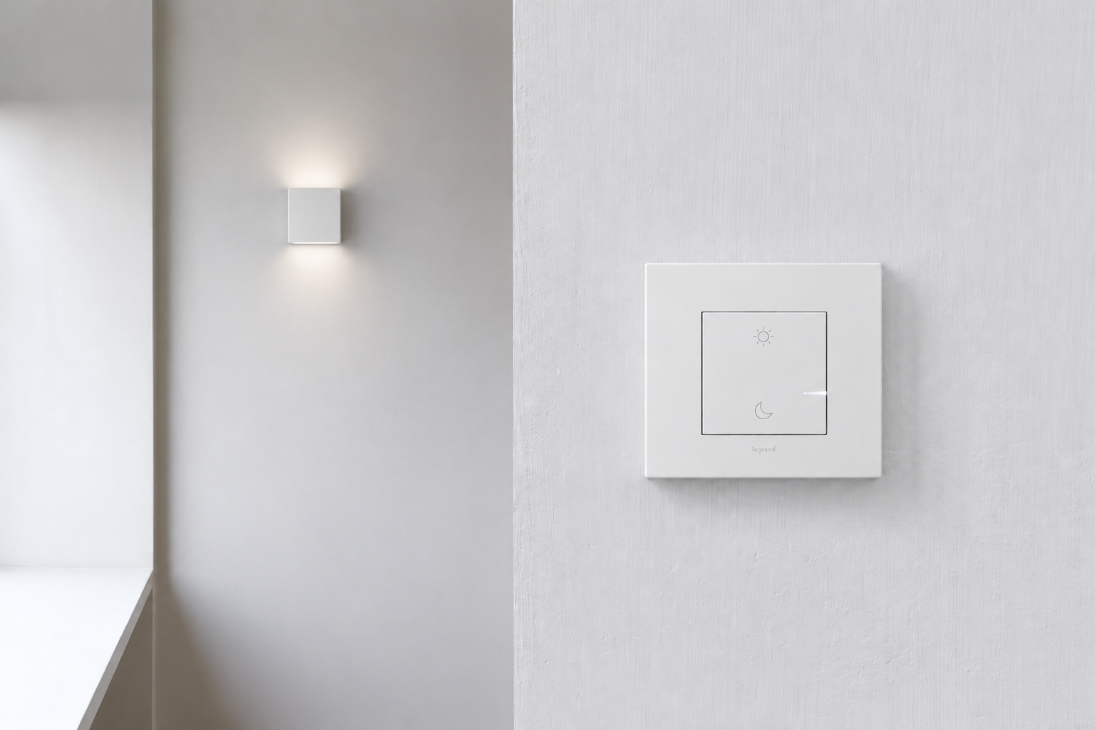 White wall switch on textured plaster with a minimal wall sconce in the adjoining recess