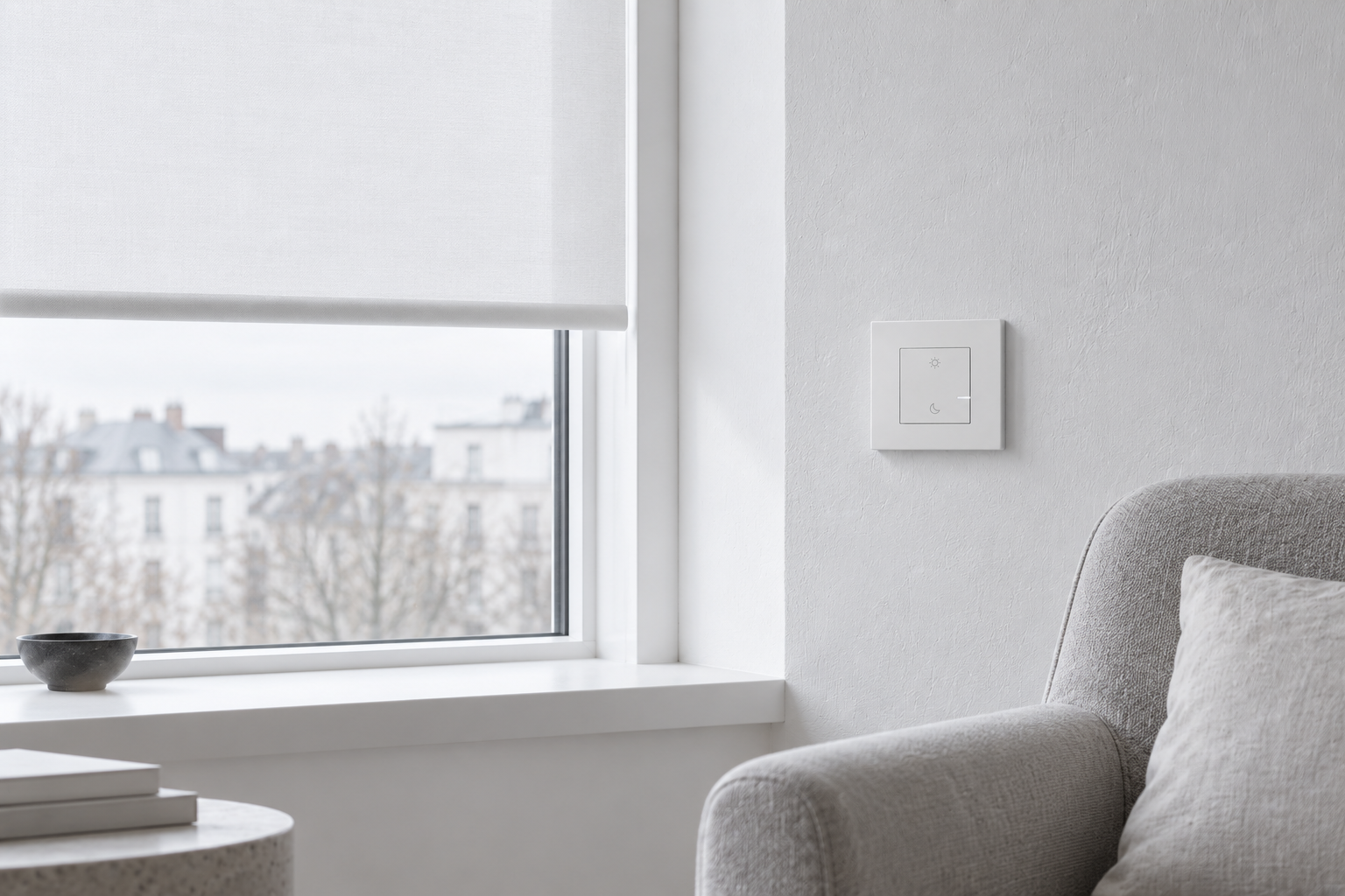 White roller blind beside an apartment reading chair