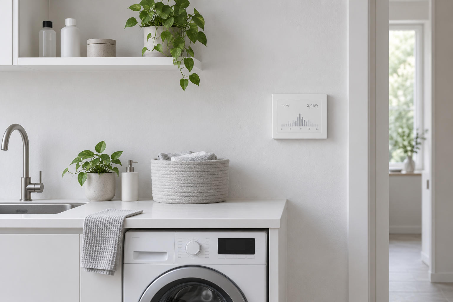 Wall-mounted energy display above a laundry bench