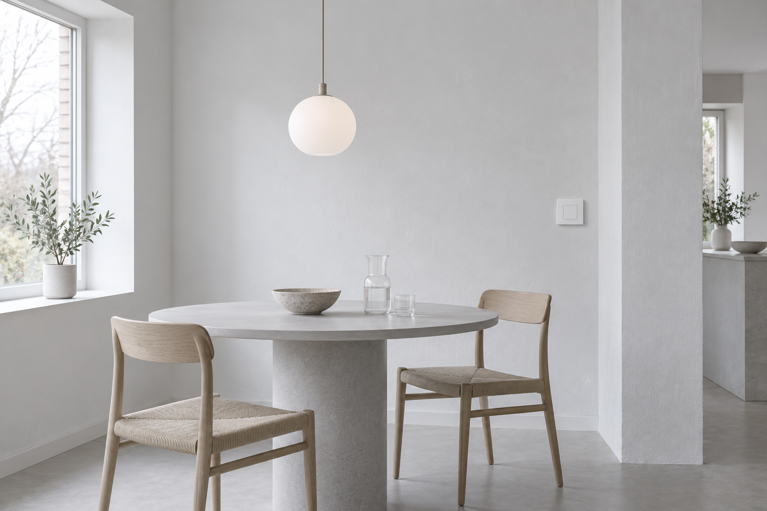 White pendant above a small dining table beside a window