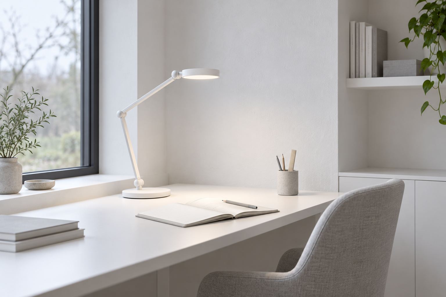 White adjustable task lamp on a desk beside a window