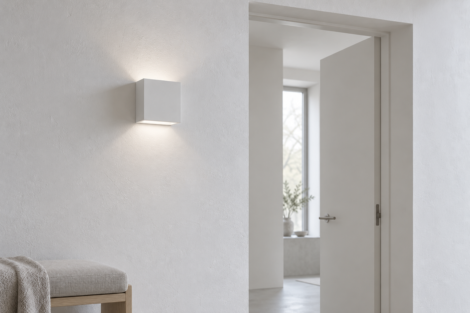 White wall light beside a doorway and pale bench